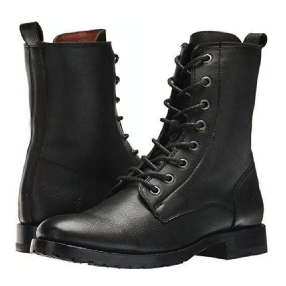 Frye Natalie Leather Lace-Up Combat Boots in Black, Size 8